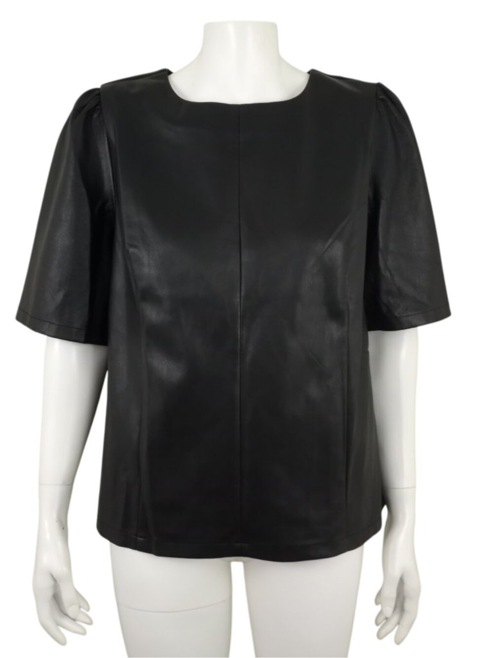Ann Taylor Black Faux Leather Shell Top Womens M Round Neck Short Puff Sleeve